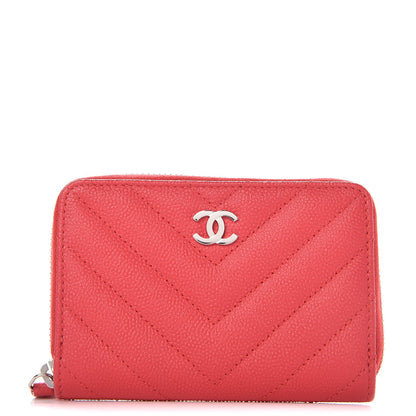 Chanel Caviar Chevron Quilted Zip Coin Purse Light Red 1 of 8