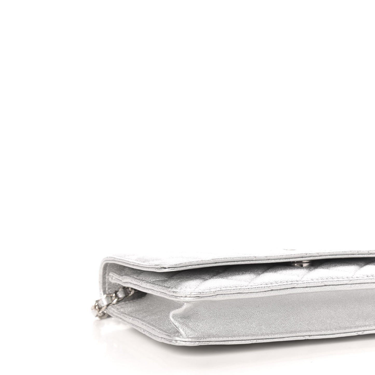 Metallic Lambskin Quilted Wallet On Chain WOC Silver