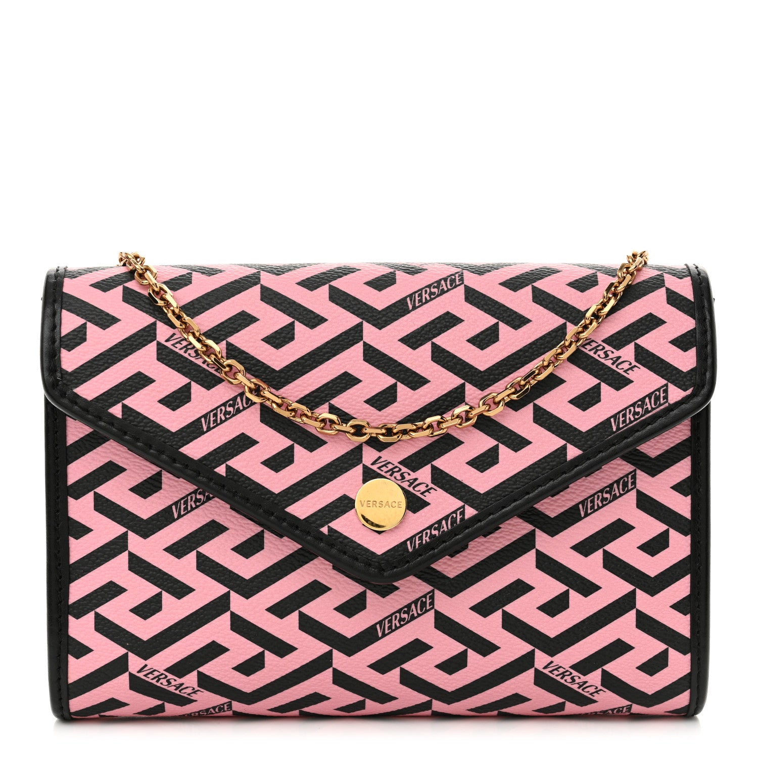 Versace Coated Canvas La Greca Signature Wallet On Chain Black Pink 1 of 11
