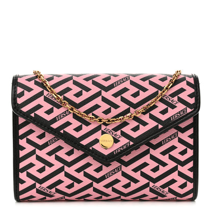 Versace Coated Canvas La Greca Signature Wallet On Chain Black Pink 1 of 11