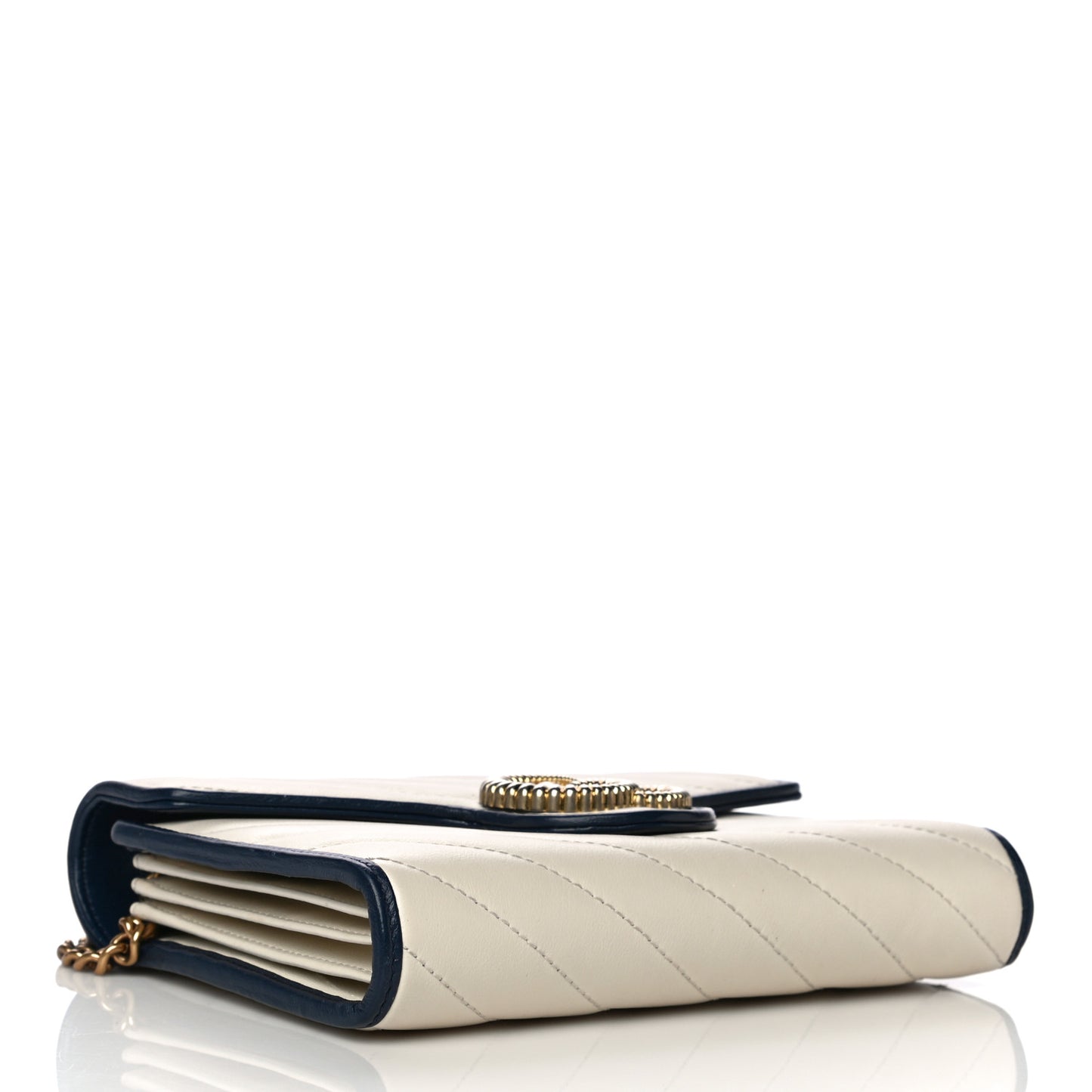 Vintage Effect Calfskin Matelasse Diagonal Torchon GG Marmont Chain Wallet Mystic White Blue Agata