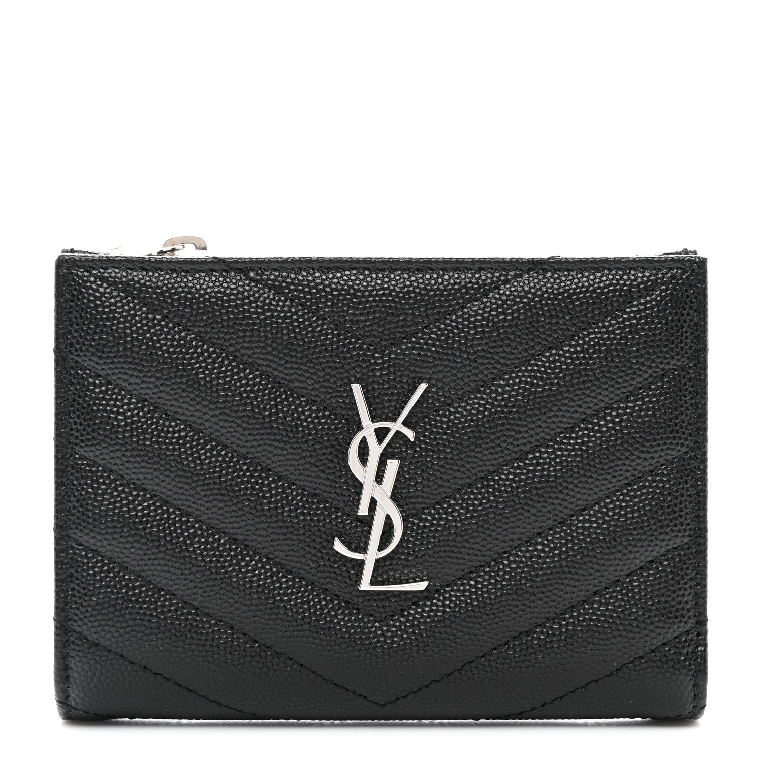 Saint Laurent Grain De Poudre Matelasse Chevron Monogram Zipped Card Case Black 1 of 7