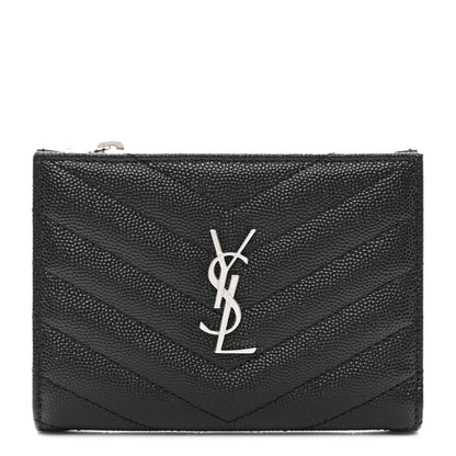 Saint Laurent Grain De Poudre Matelasse Chevron Monogram Zipped Card Case Black 1 of 7