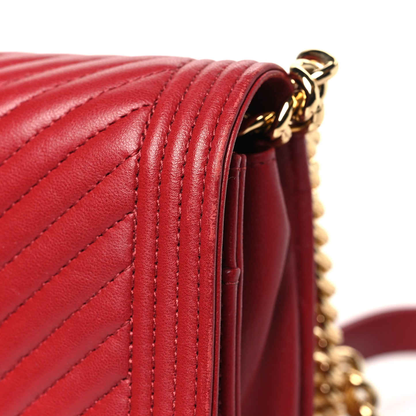 Lambskin Chevron Quilted Boy Wallet On Chain WOC Red