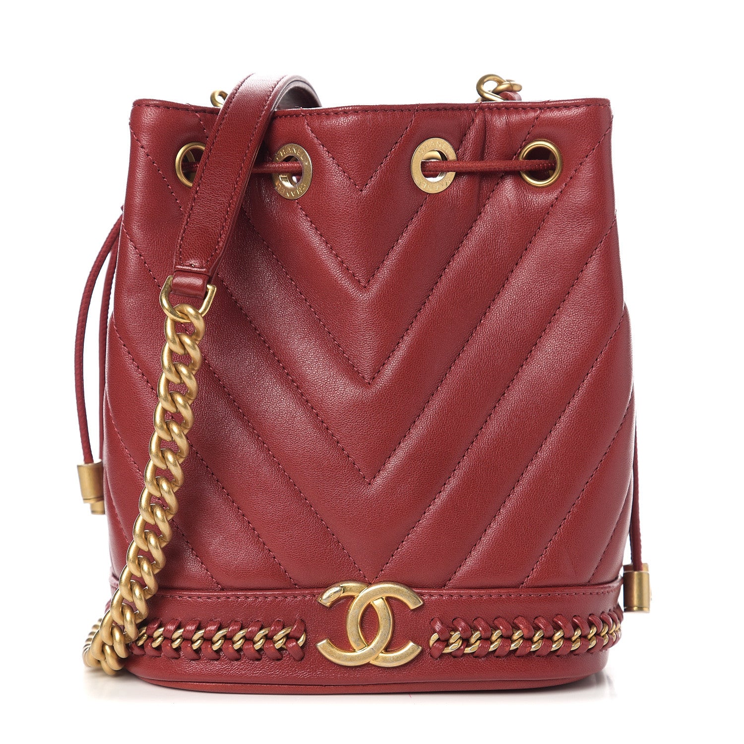 Chanel Sheepskin Chevron Quilted Small Drawstring Bag Dark Red 1 of 10