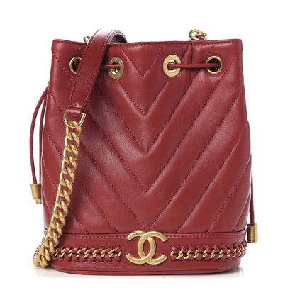 Chanel Sheepskin Chevron Quilted Small Drawstring Bag Dark Red 1 of 10