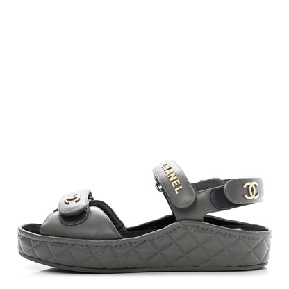 Chanel Shiny Calfskin Logo Platform Sandals 38 Grey 1 of 9
