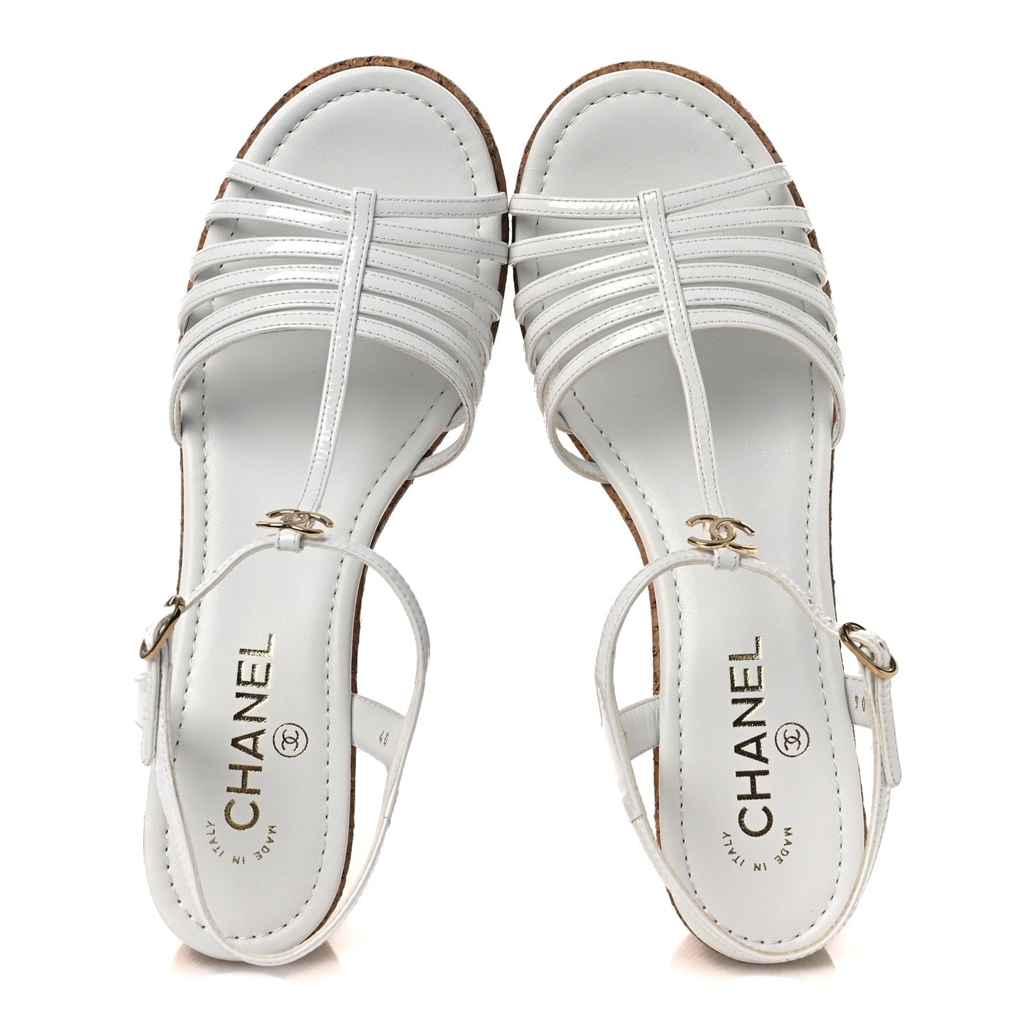 Patent Goatskin Cork CC Ankle Strap Platform Sandals 40 White