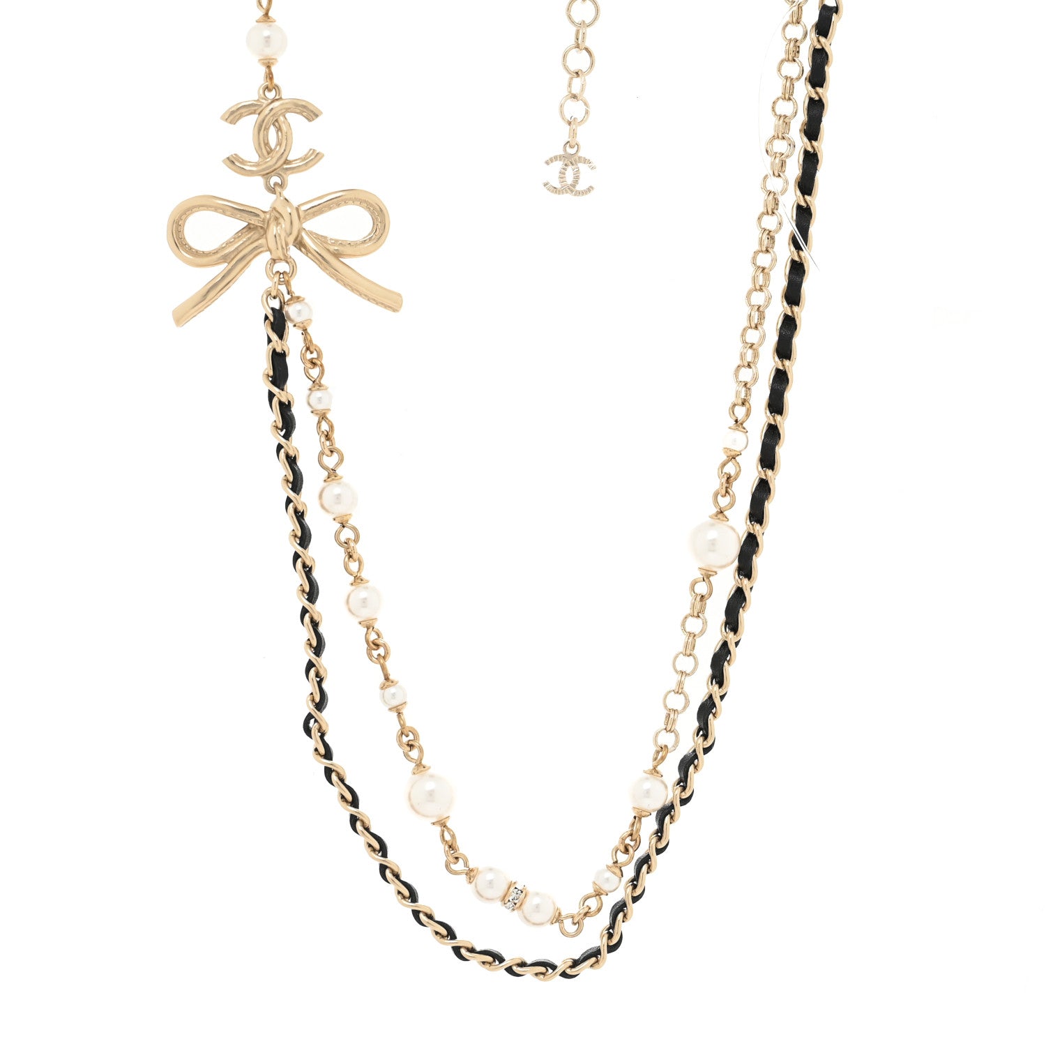 Chanel Calfskin Pearl Metal CC Bow Necklace Gold White Black 1 of 3