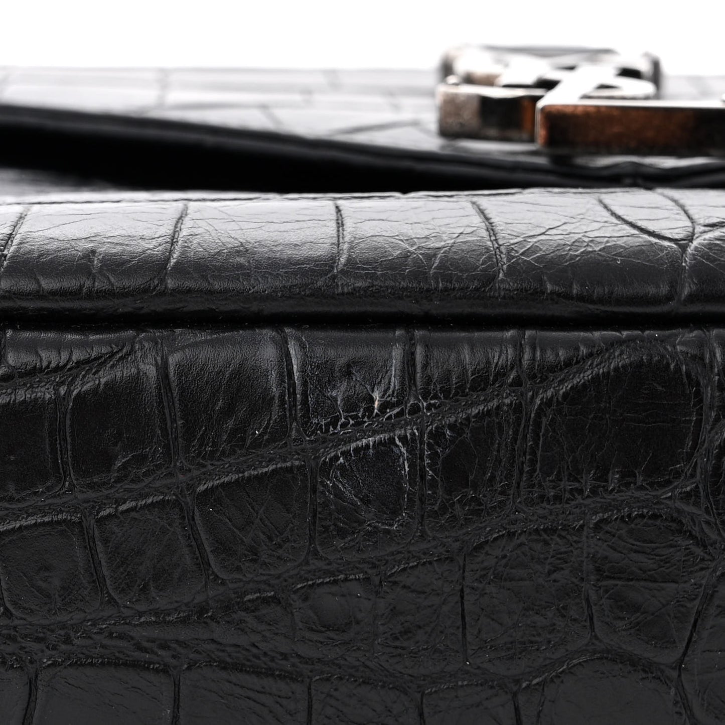 Calfskin Crocodile Embossed Medium College Monogram Satchel Black