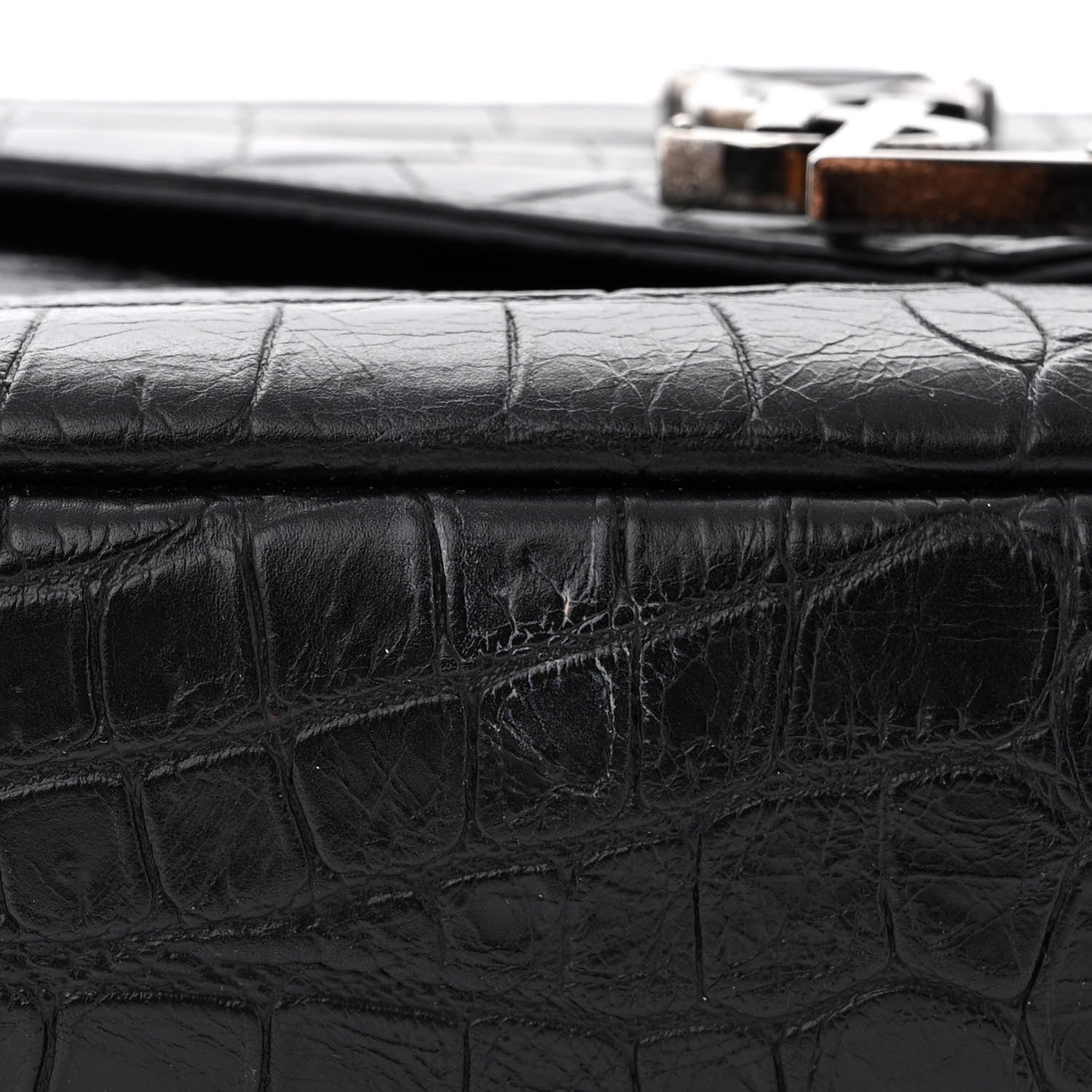 Saint Laurent Calfskin Crocodile Embossed Medium College Monogram Satchel Black 11 of 11