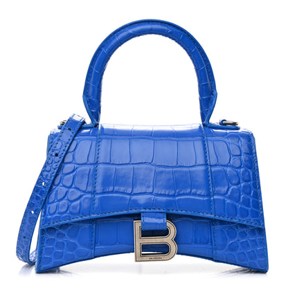 Balenciaga Shiny Calfskin Crocodile Embossed Hourglass Top Handle Bag XS Royal Blue 1 of 15