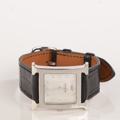 Hermes Stainless Steel Alligator Diamond Mother of Pearl 26mm Heure H Hour Quartz Watch Noir 4 of 11