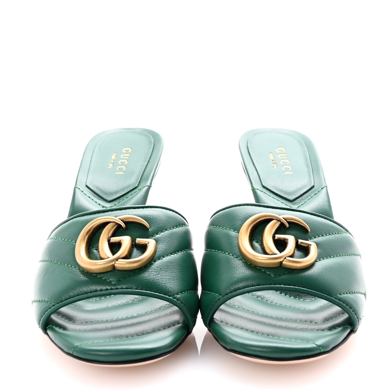 GUCCI グリーンサンダル Gucci Nappa Matelasse GG Marmont 75mm Slide Sandals 35 Emerald