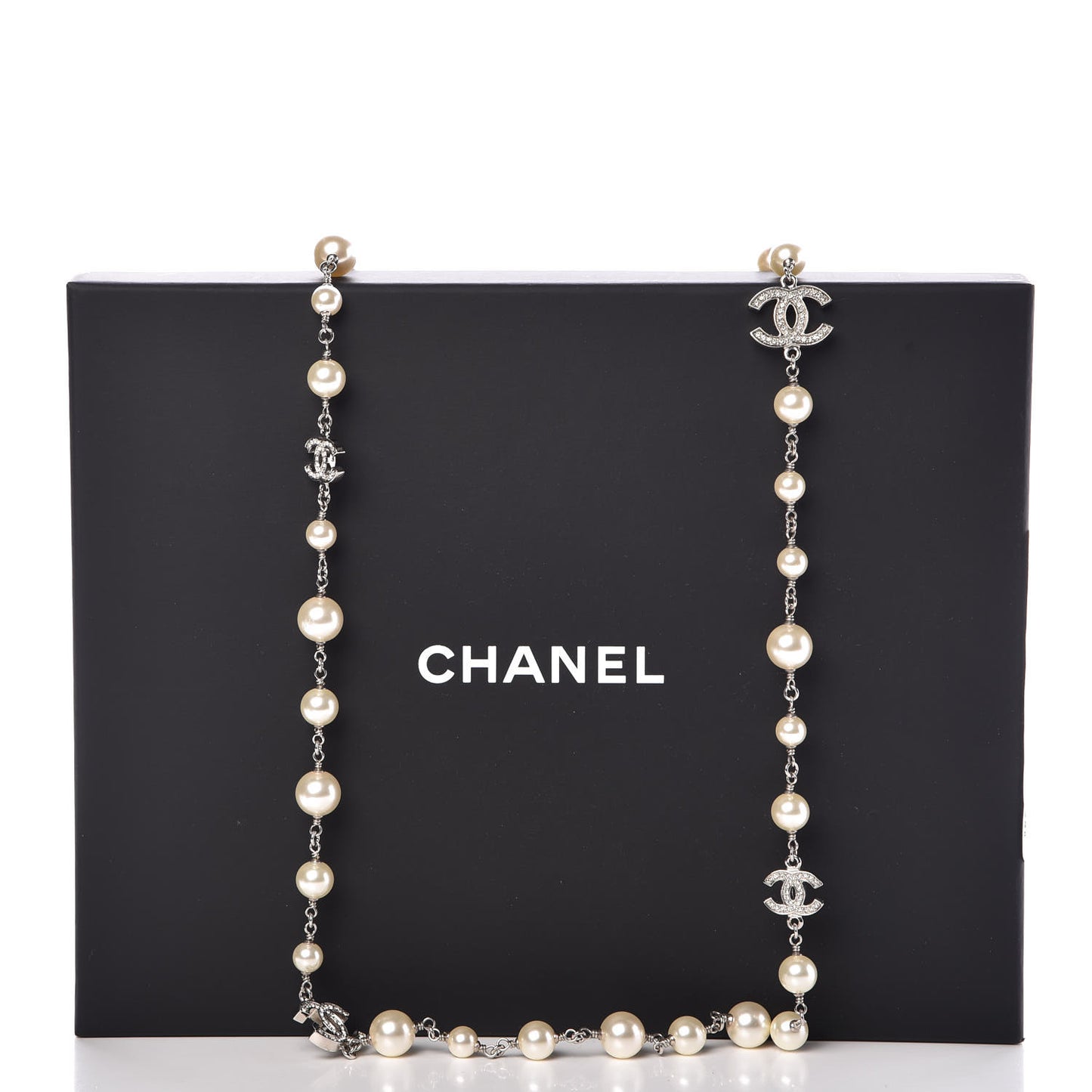 Crystal Pearl CC Long Necklace Silver