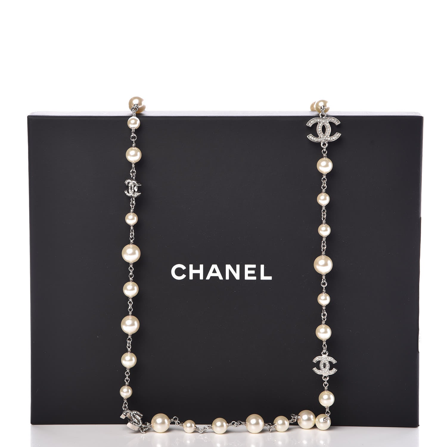 Chanel Crystal Pearl CC Long Necklace Silver 6 of 6