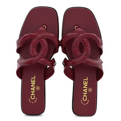 Chanel Crocodile Embossed Patent Calfskin CC Thong Sandals 40.5 Burgundy 2 of 11
