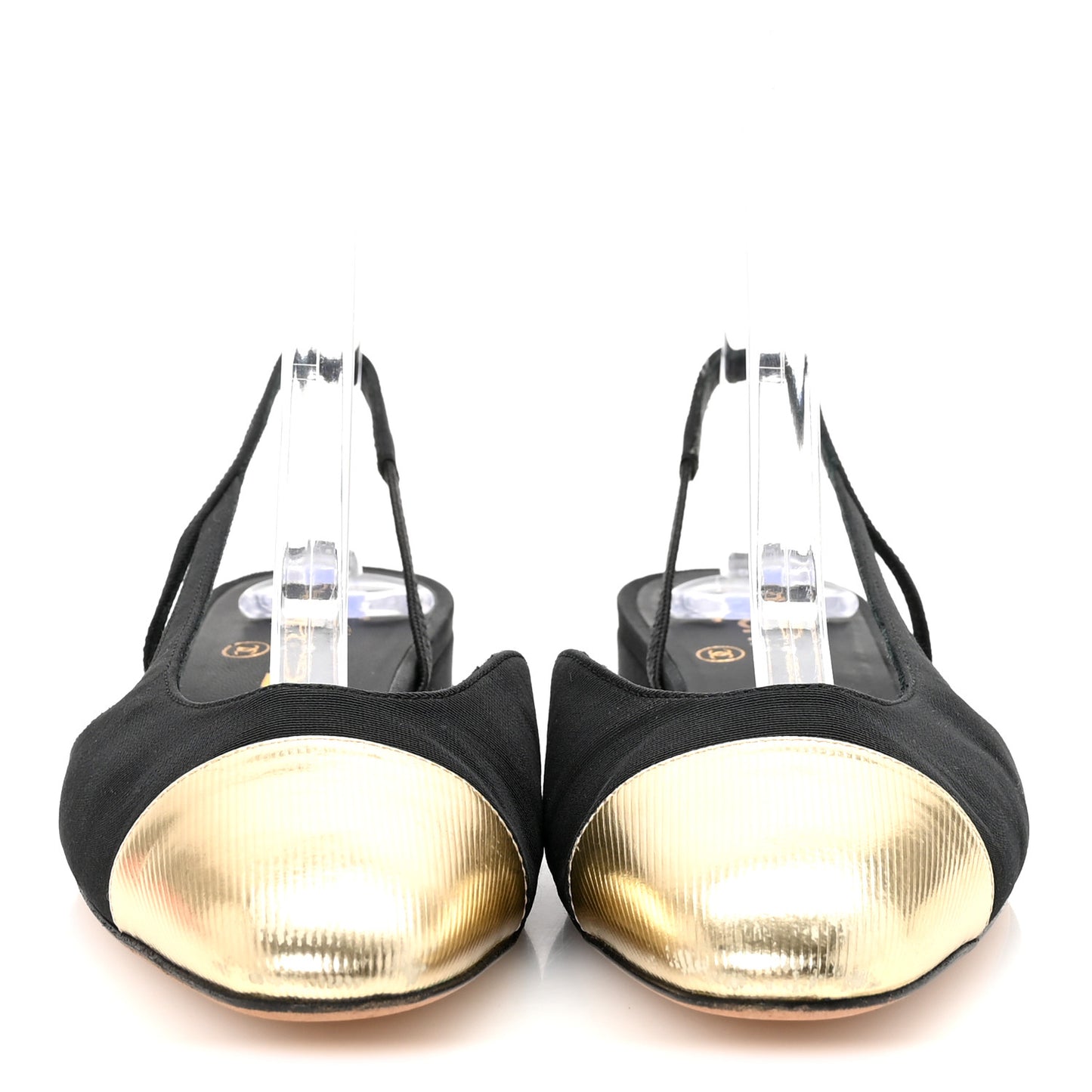 Laminated Lambskin Grosgrain Cap Toe CC Slingback Flats 37.5 Black Gold