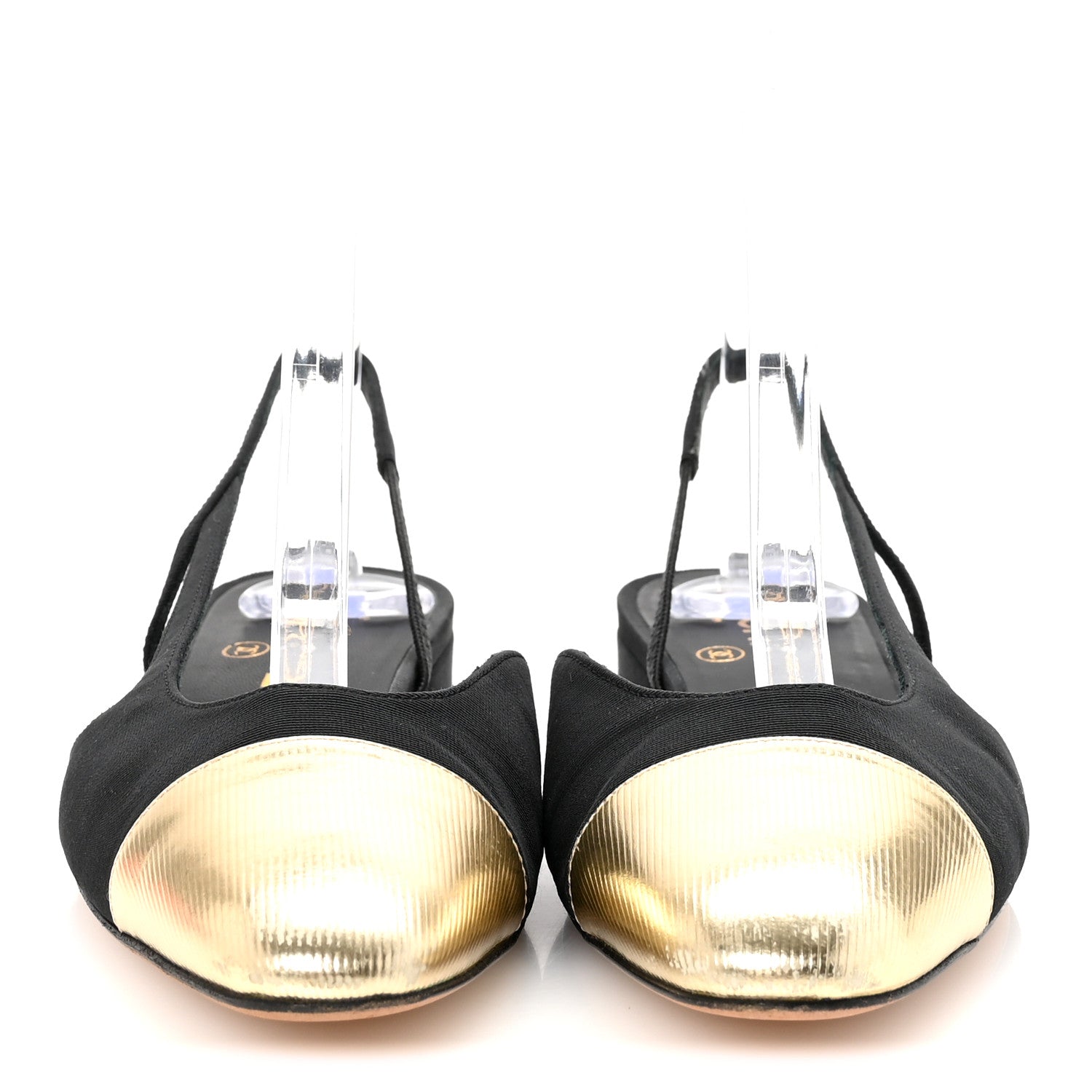 Chanel Laminated Lambskin Grosgrain Cap Toe CC Slingback Flats 37.5 Black Gold 3 of 9