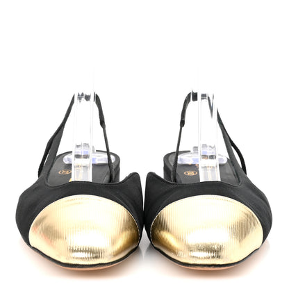 Chanel Laminated Lambskin Grosgrain Cap Toe CC Slingback Flats 37.5 Black Gold 3 of 9