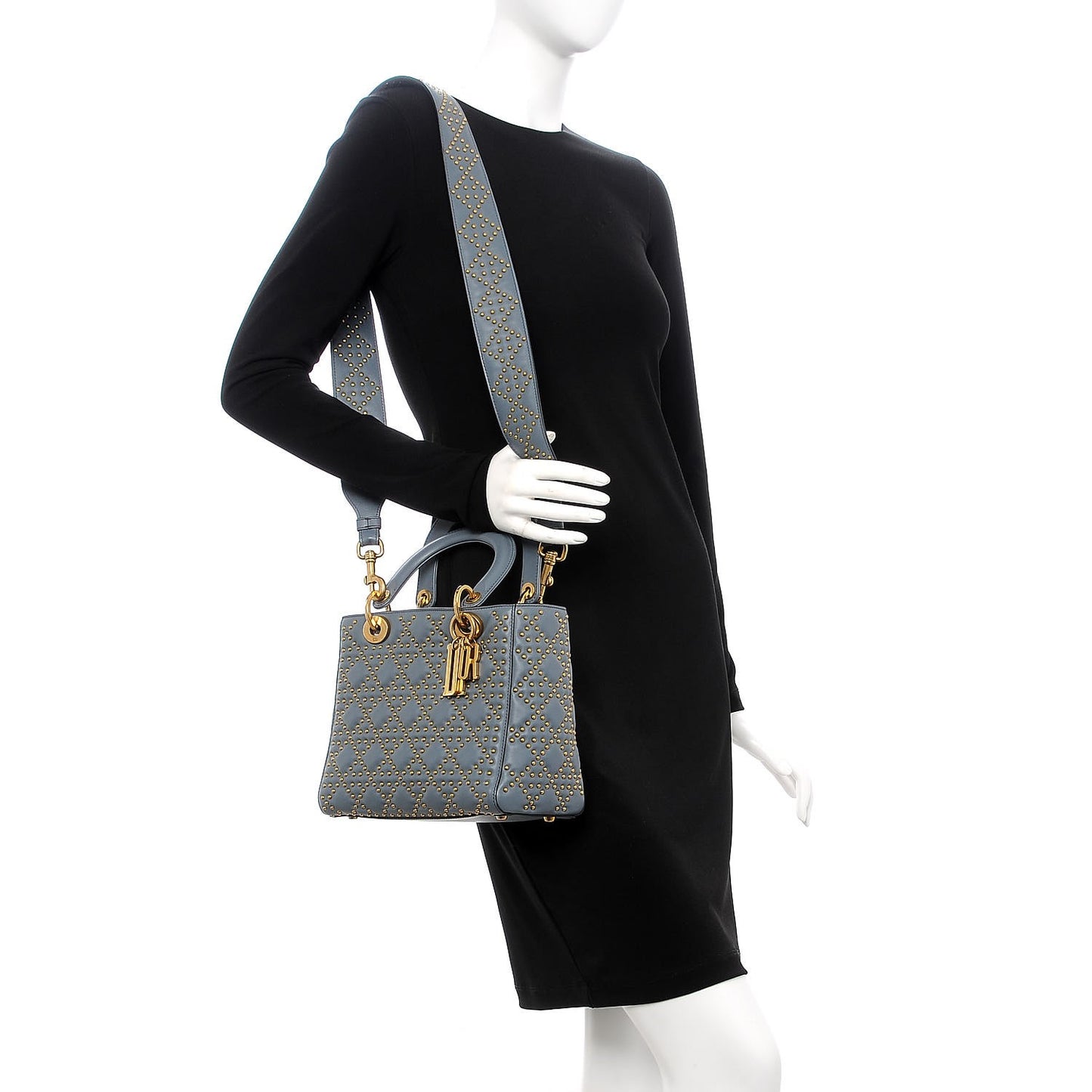 Calfskin Cannage Studded Medium Supple Lady Dior Grey