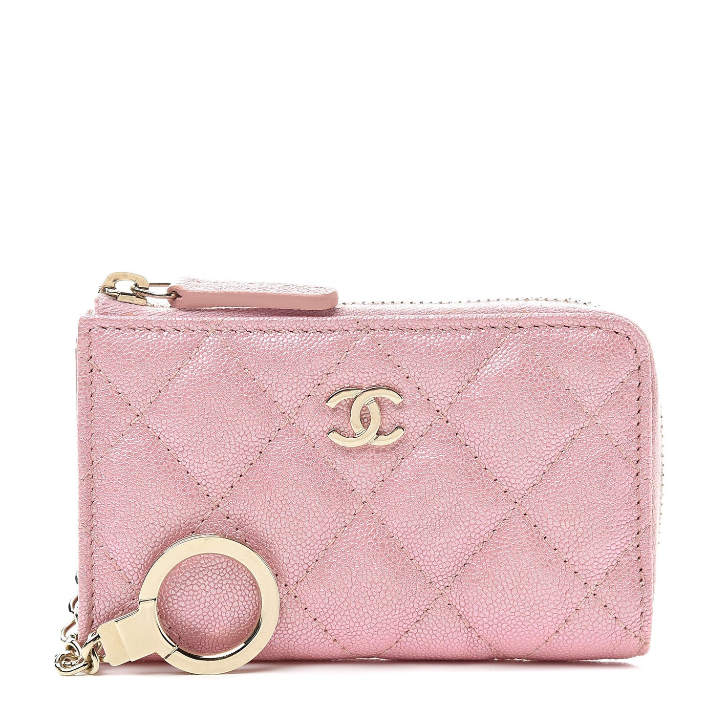 Iridescent Caviar Quilted Zipped Key Holder Case Rose Pink
