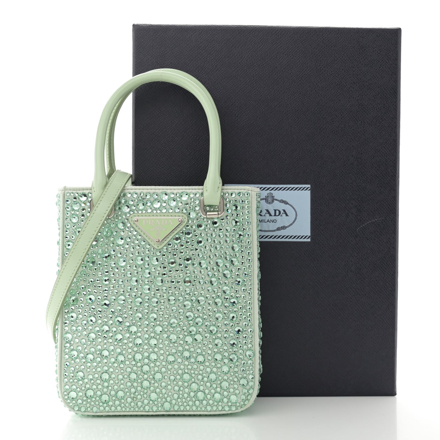 Satin Crystal Metal Triangle Logo Small Double Handle Crossbody Tote Acqua