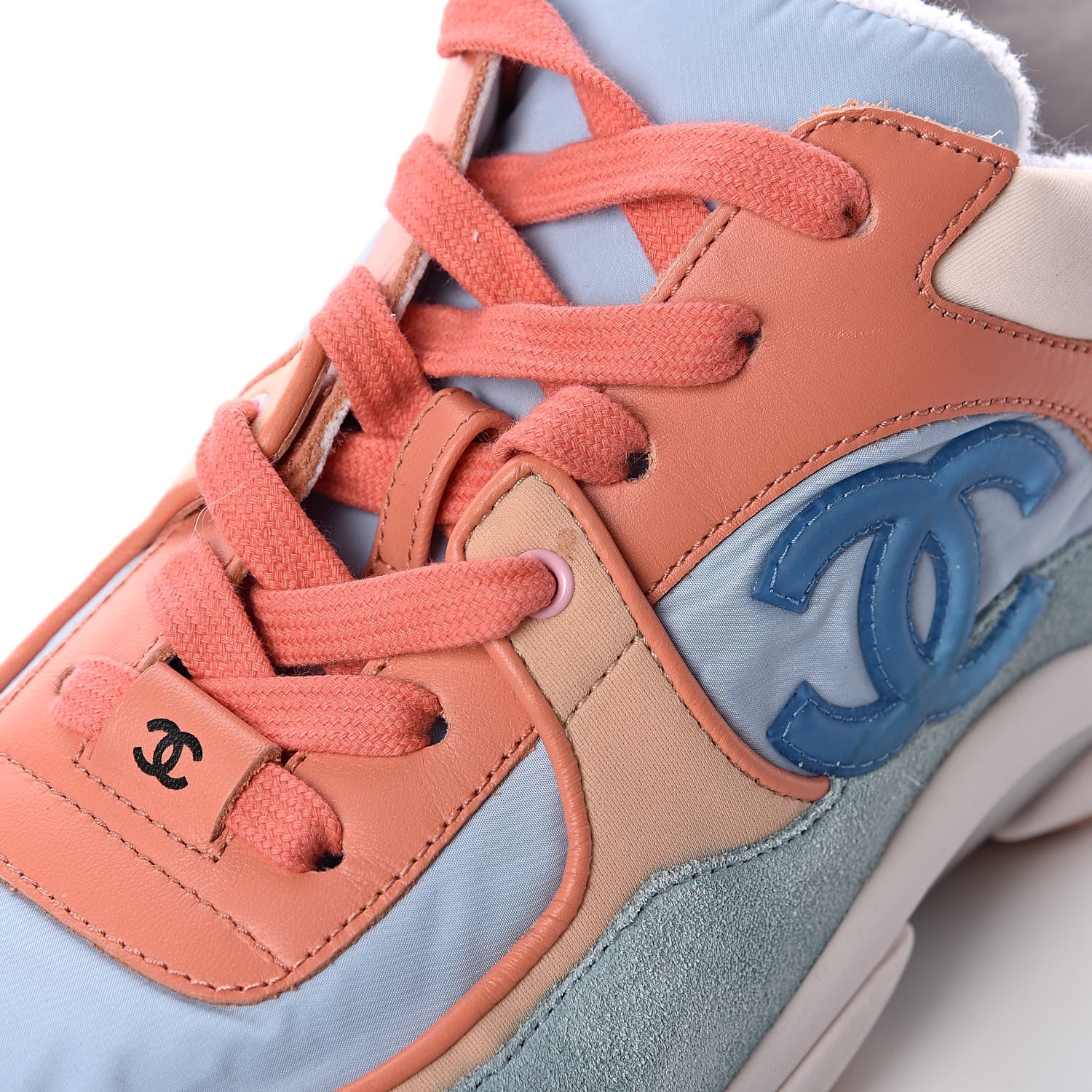 Chanel Nylon Lambskin Suede Calfskin CC Sneakers 38 Coral Light Blue White 9 of 9