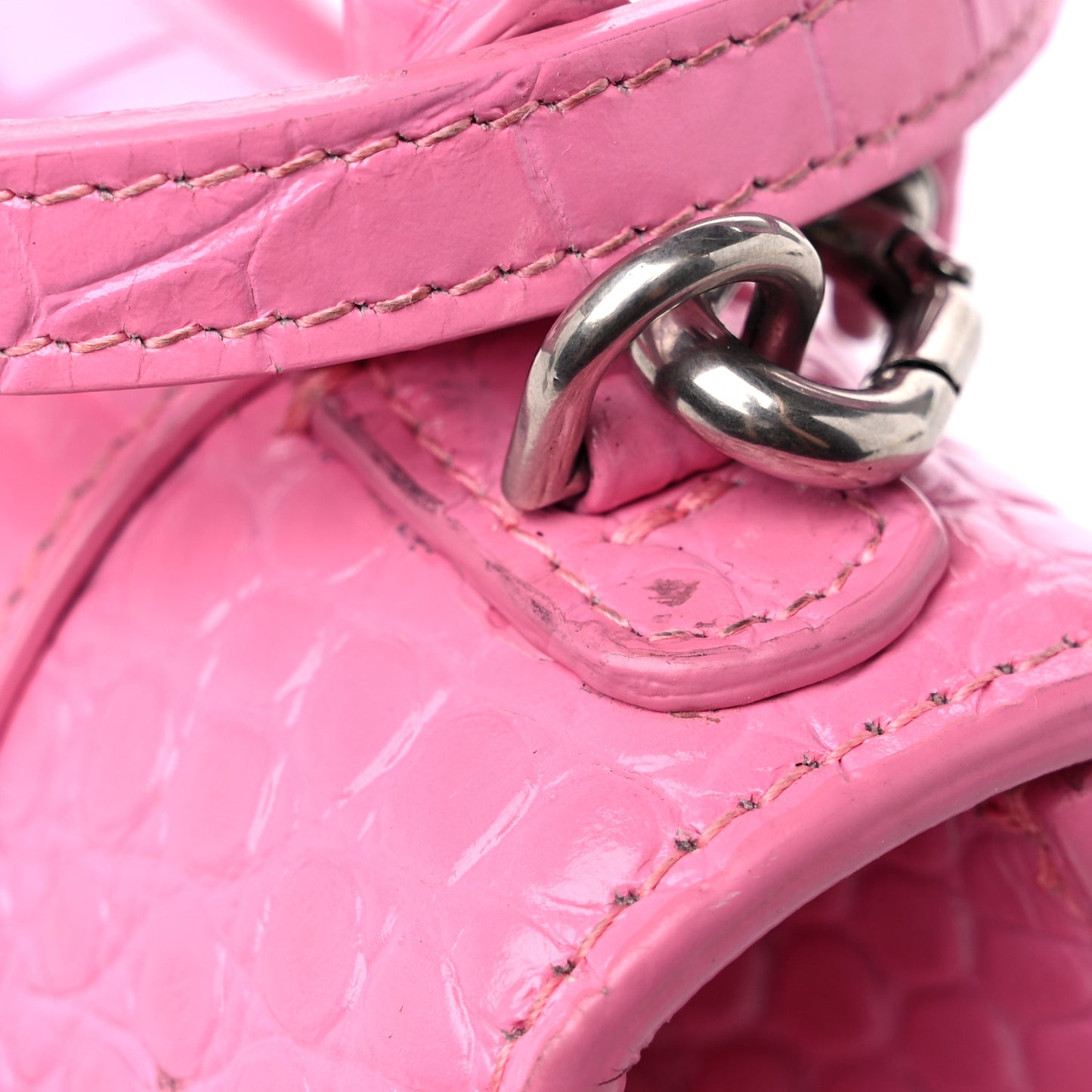 Shiny Calfskin Crocodile Embossed Small Hourglass Top Handle Bag Baby Pink