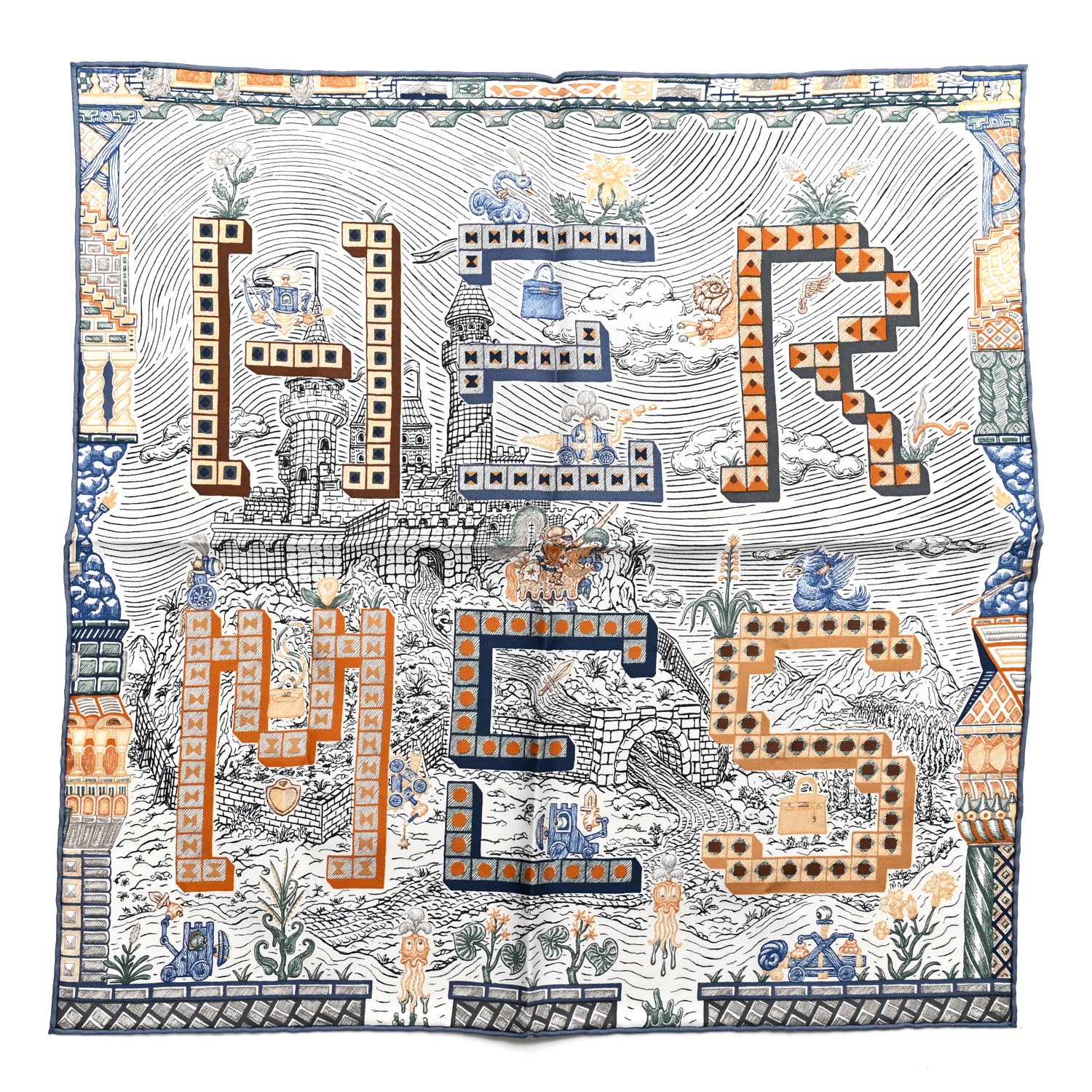 Hermes Silk Twill Super Silk Quest Detail Scarf 45 Bleu Jean Brun Vert 1 of 3