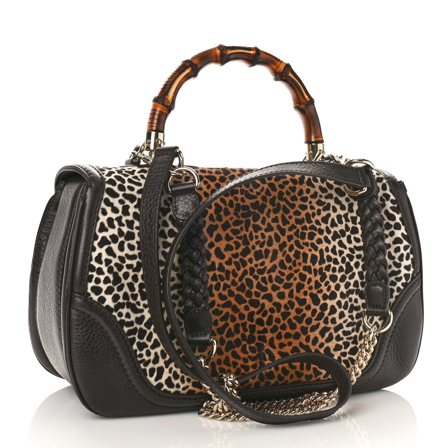 Pony Hair Jaguar Print Large New Bamboo Top Handle Bag