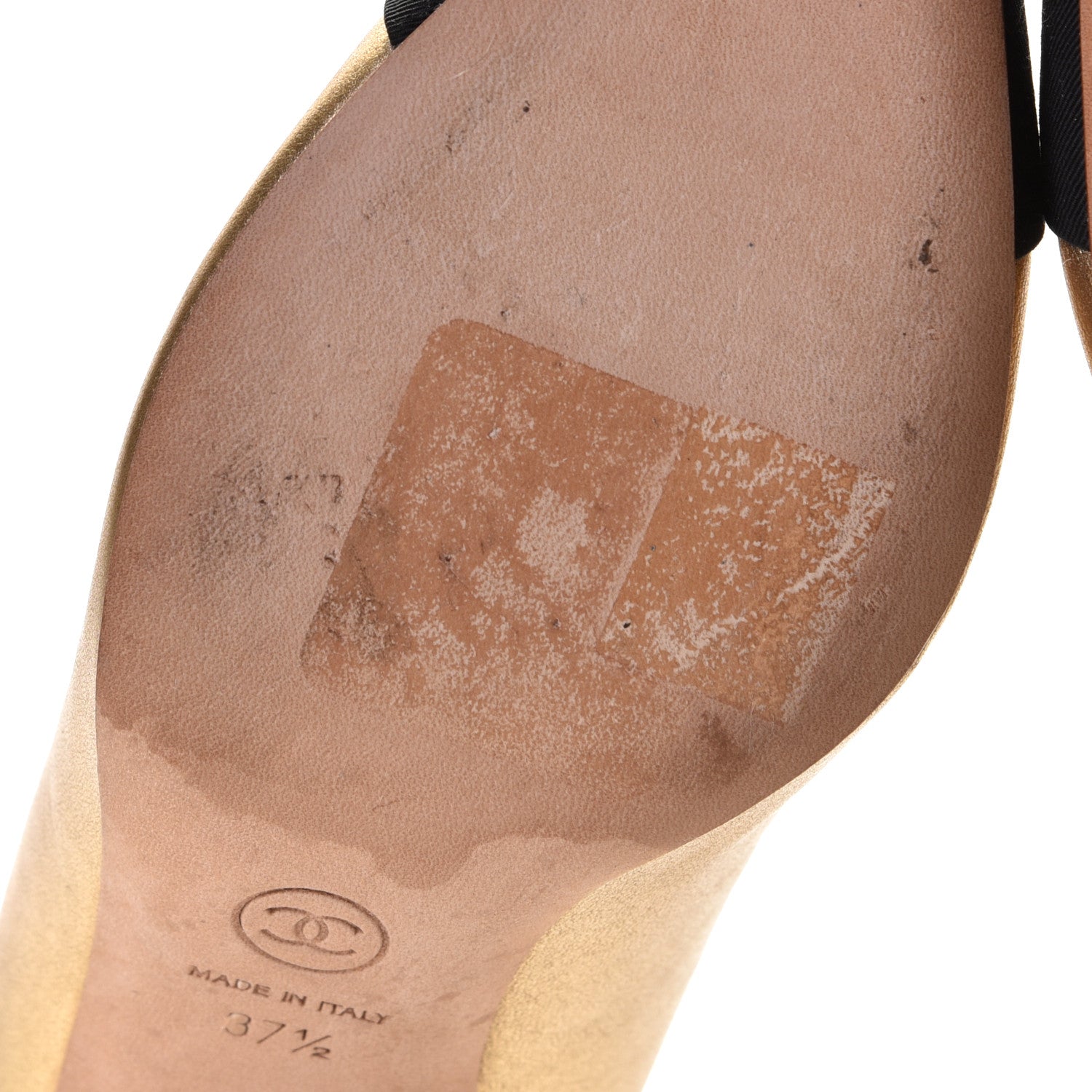 Chanel Laminated Lambskin Grosgrain Cap Toe CC Pumps 37.5 Gold Black 8 of 9