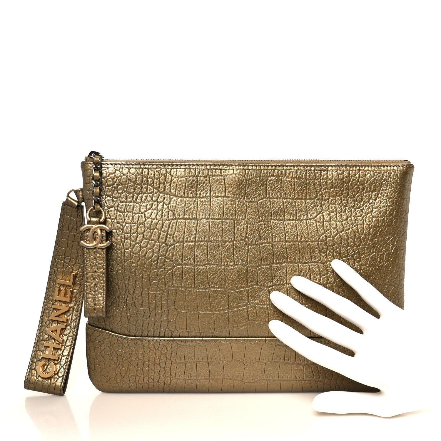 Chanel Metallic Calfskin Crocodile Embossed Medium Gabrielle Cosmetic Case Gold 2 of 8