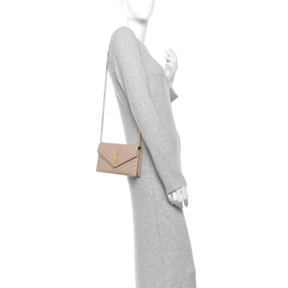 Saint Laurent Grain De Poudre Matelasse Chevron Monogram Envelope Chain Wallet Dark Beige 2 of 9