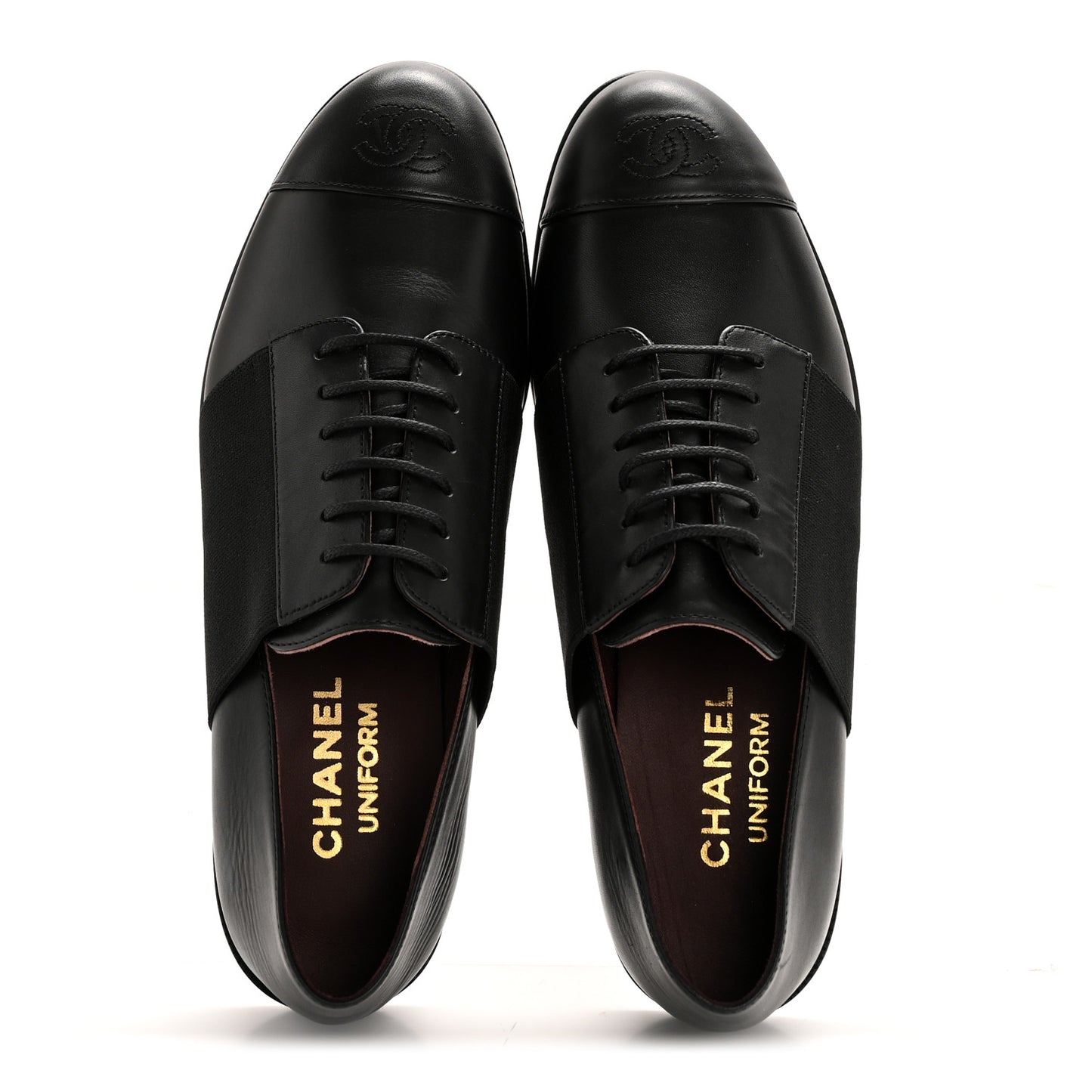 Calfskin Elastic Lace Up Cap Toe CC Loafers 37 Black