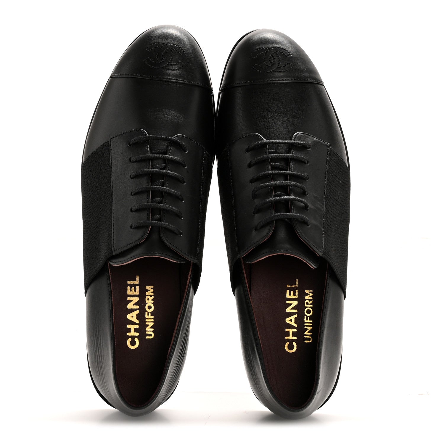 Chanel Calfskin Elastic Lace Up Cap Toe CC Loafers 37 Black 2 of 10