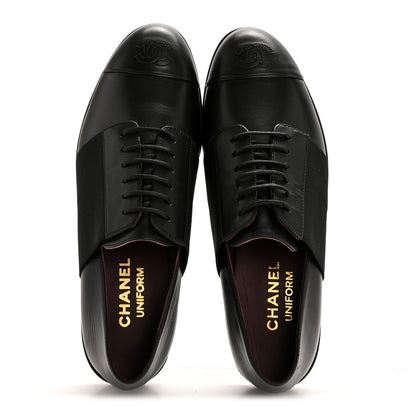 Chanel Calfskin Elastic Lace Up Cap Toe CC Loafers 37 Black 2 of 10