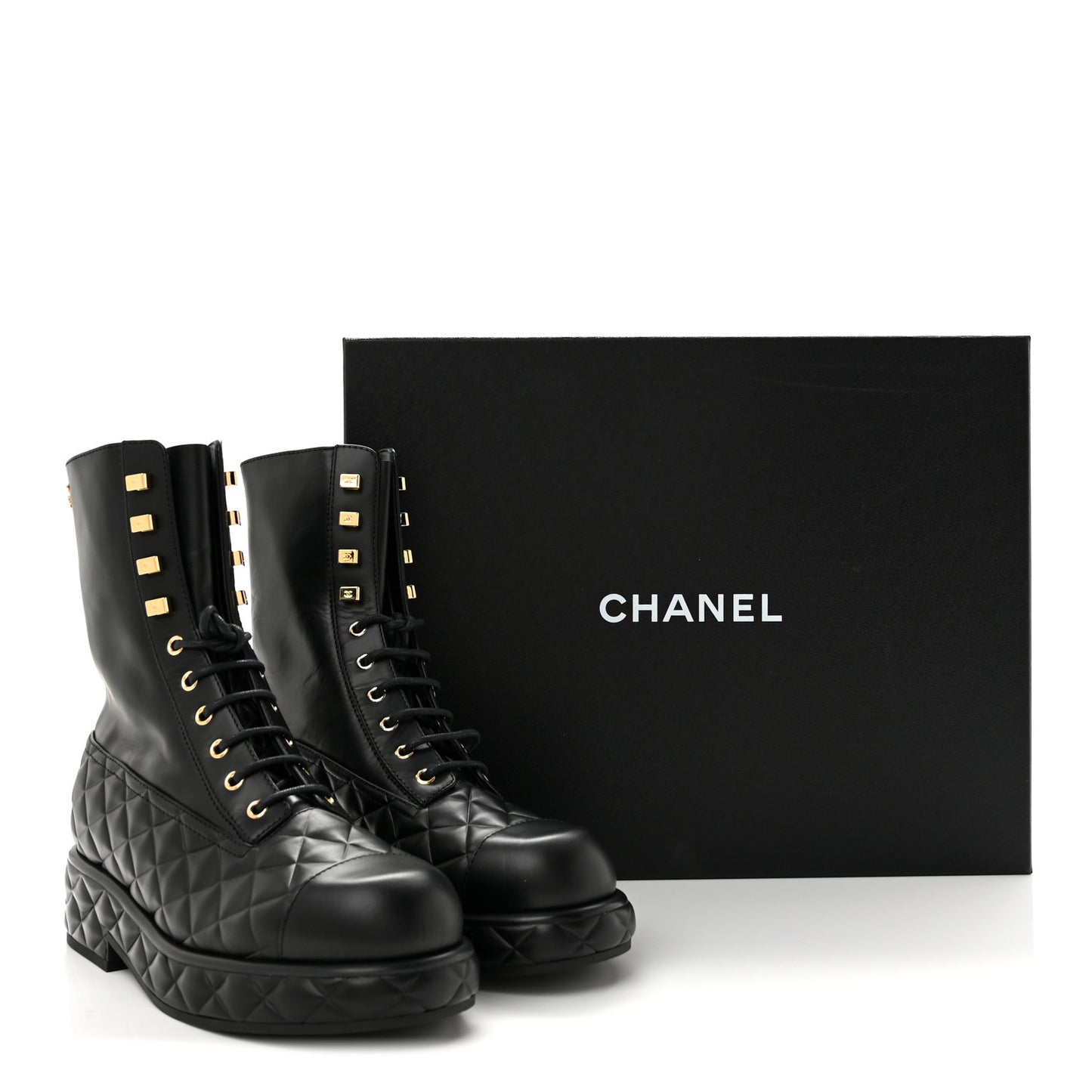 Calfskin Quilted Lace Up Combat Boots 38 Black