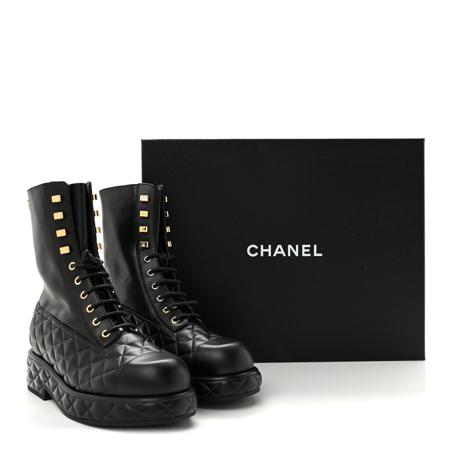 Chanel Calfskin Quilted Lace Up Combat Boots 38 Black 10 of 10