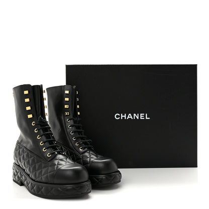 Chanel Calfskin Quilted Lace Up Combat Boots 38 Black 10 of 10