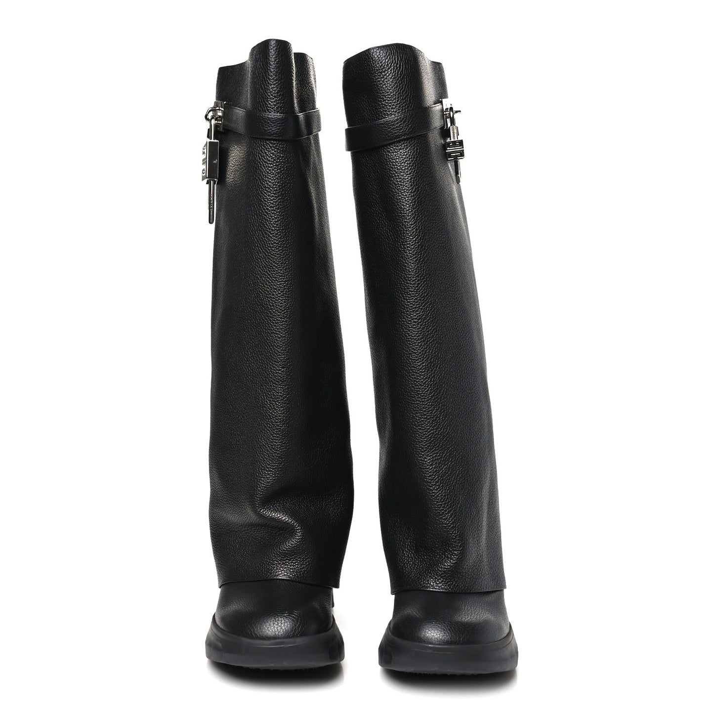 Grained Calfskin Shark Lock Biker Knee Boots 41 Black