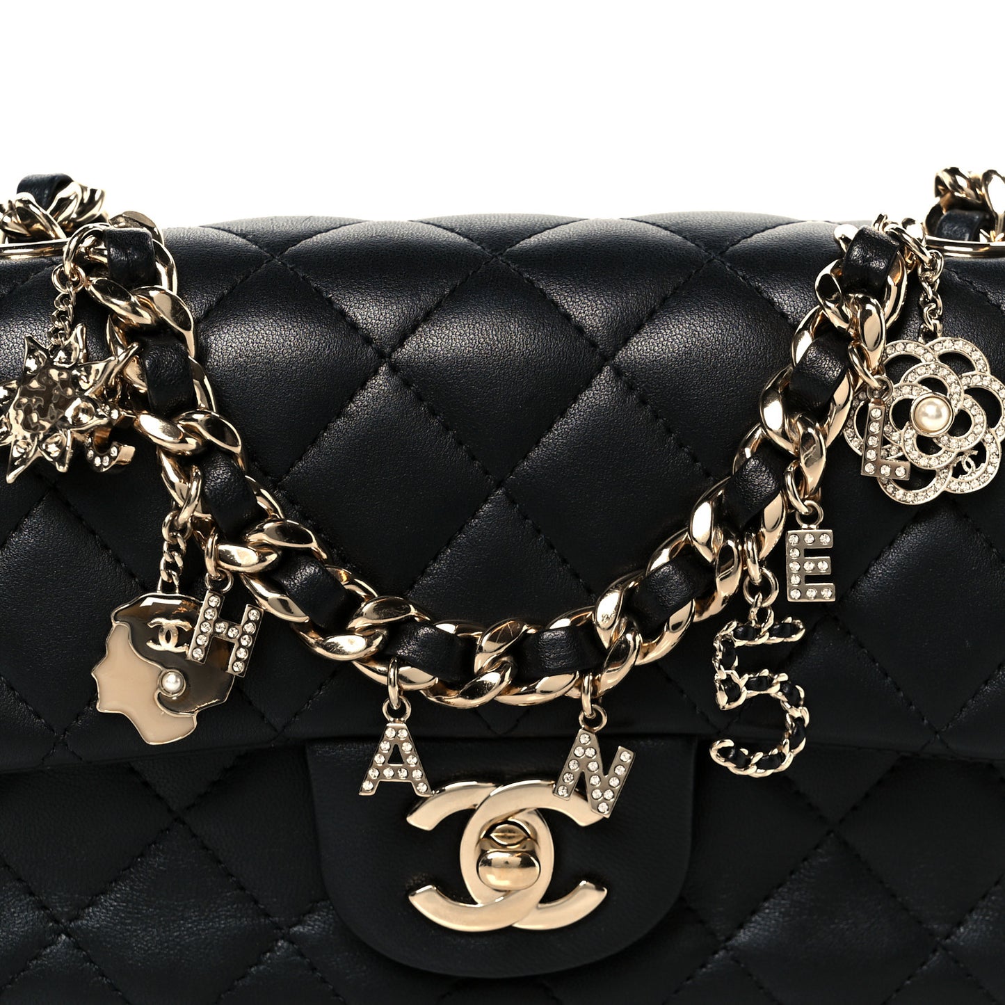 Lambskin Quilted Mini Coco Charms Rectangular Flap Black