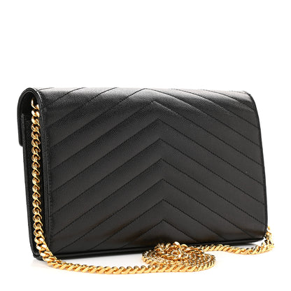 Saint Laurent Grain De Poudre Matelasse Chevron Monogram Chain Wallet Black 3 of 8