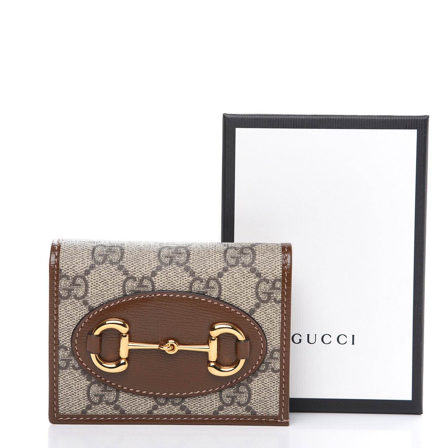 GG Supreme Monogram Horsebit 1955 Card Case Wallet Beige Ebony Brown Sugar