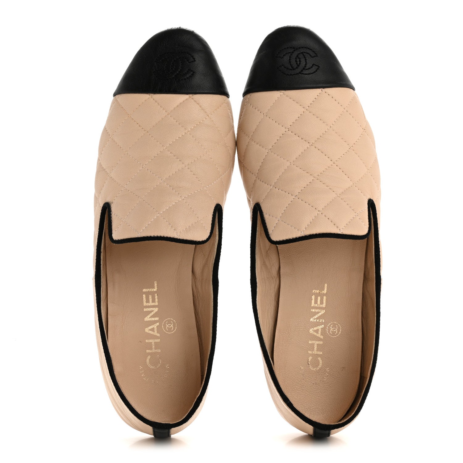 Chanel Lambskin Quilted Cap Toe Slipper With Pouch 39 Beige Black