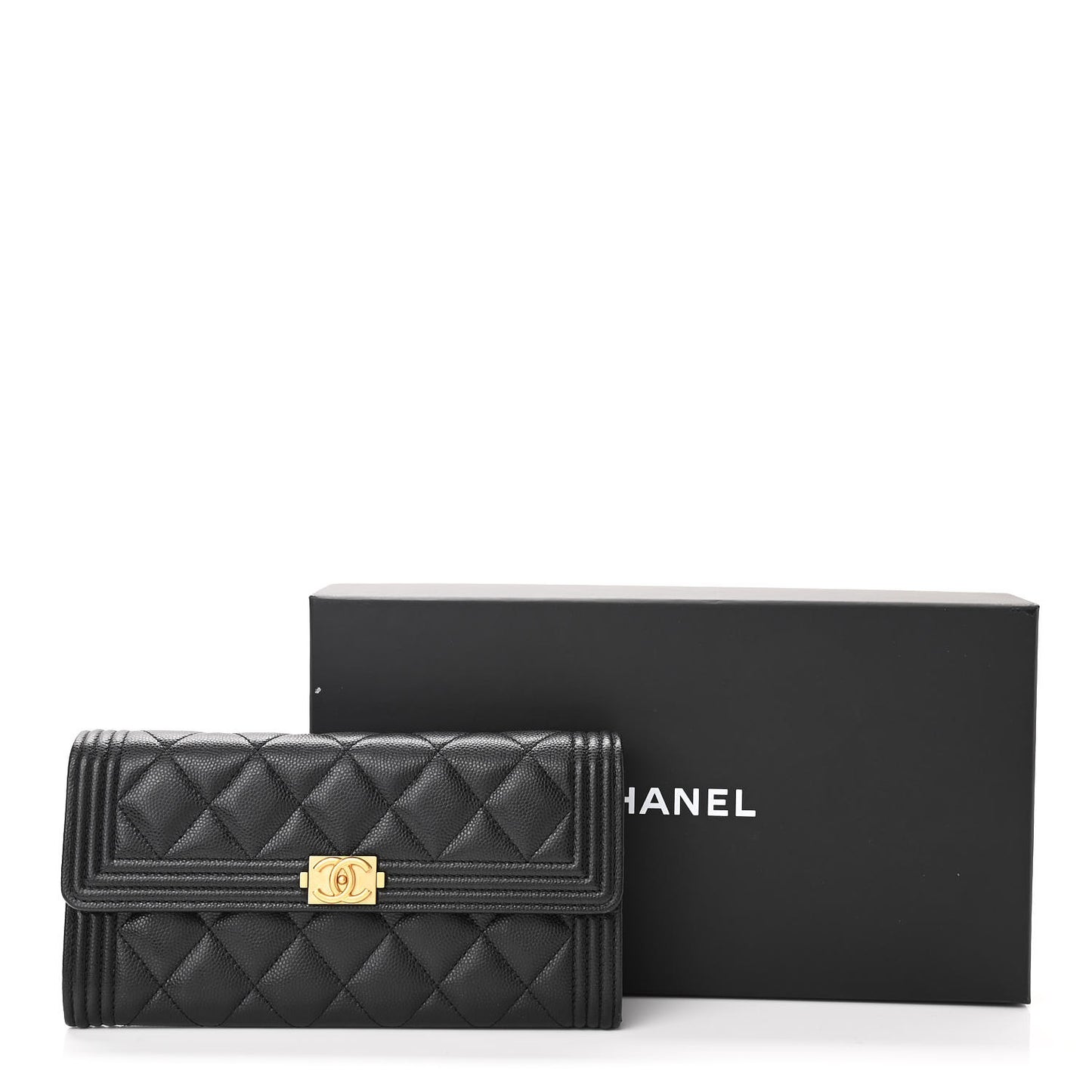 Caviar Quilted Large Boy Gusset Flap Wallet Black