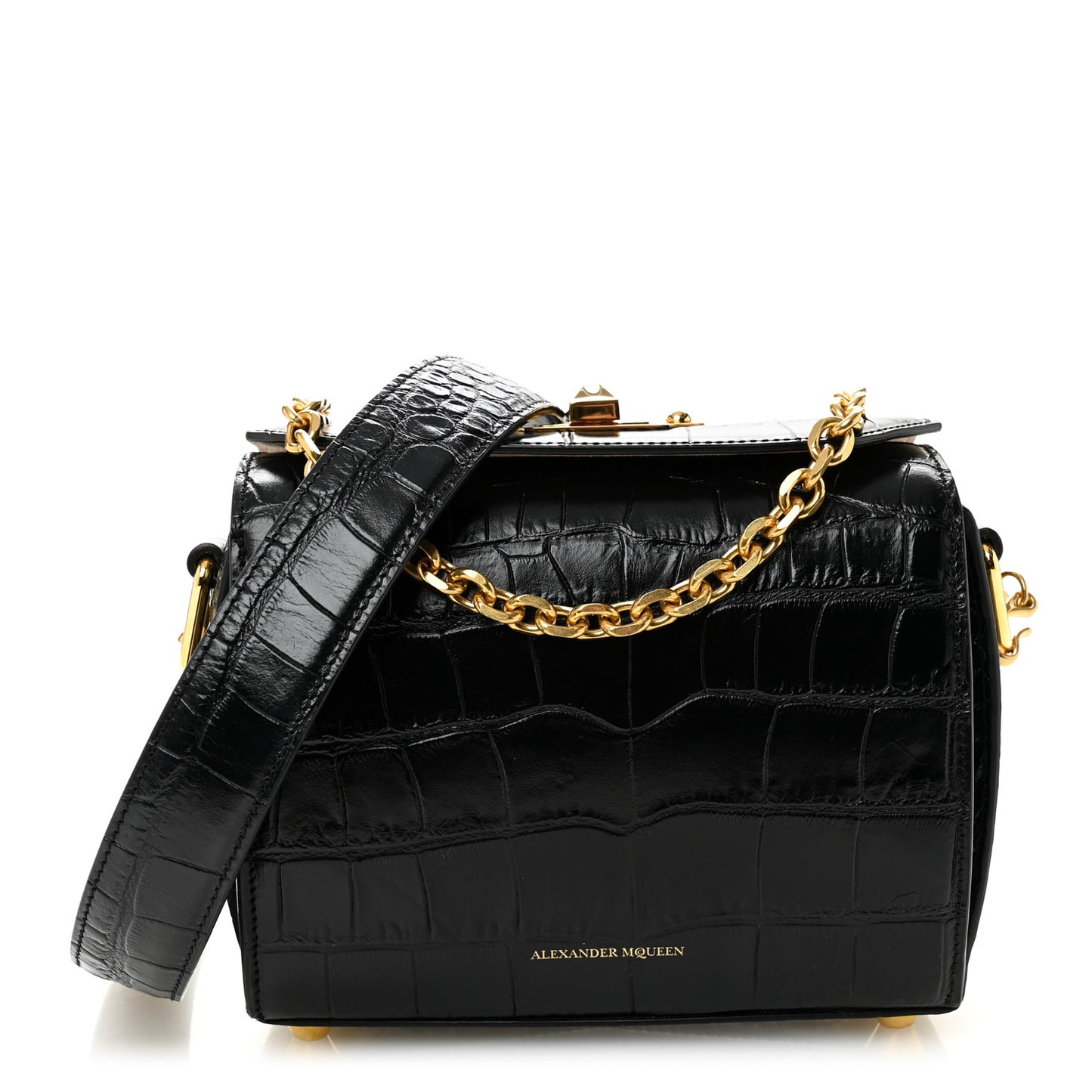Calfskin Crocodile Embossed Box Shoulder Bag 19 Black
