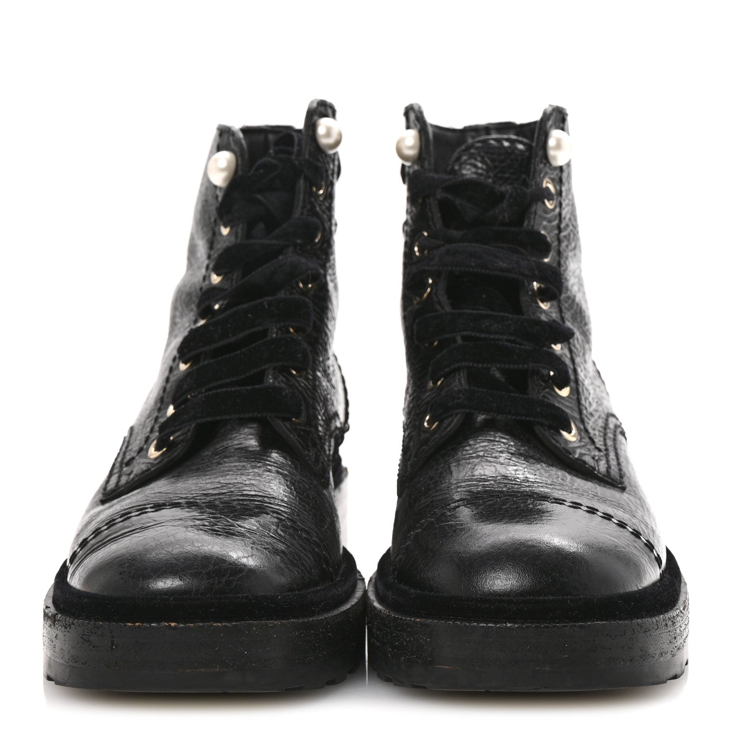 Chanel Shiny Calfskin Velvet Pearl Combat Short Boots 36 Black 3 of 12