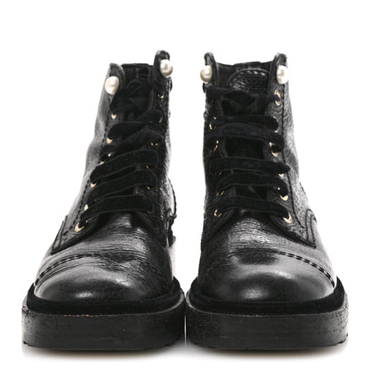 Chanel Shiny Calfskin Velvet Pearl Combat Short Boots 36 Black 3 of 12