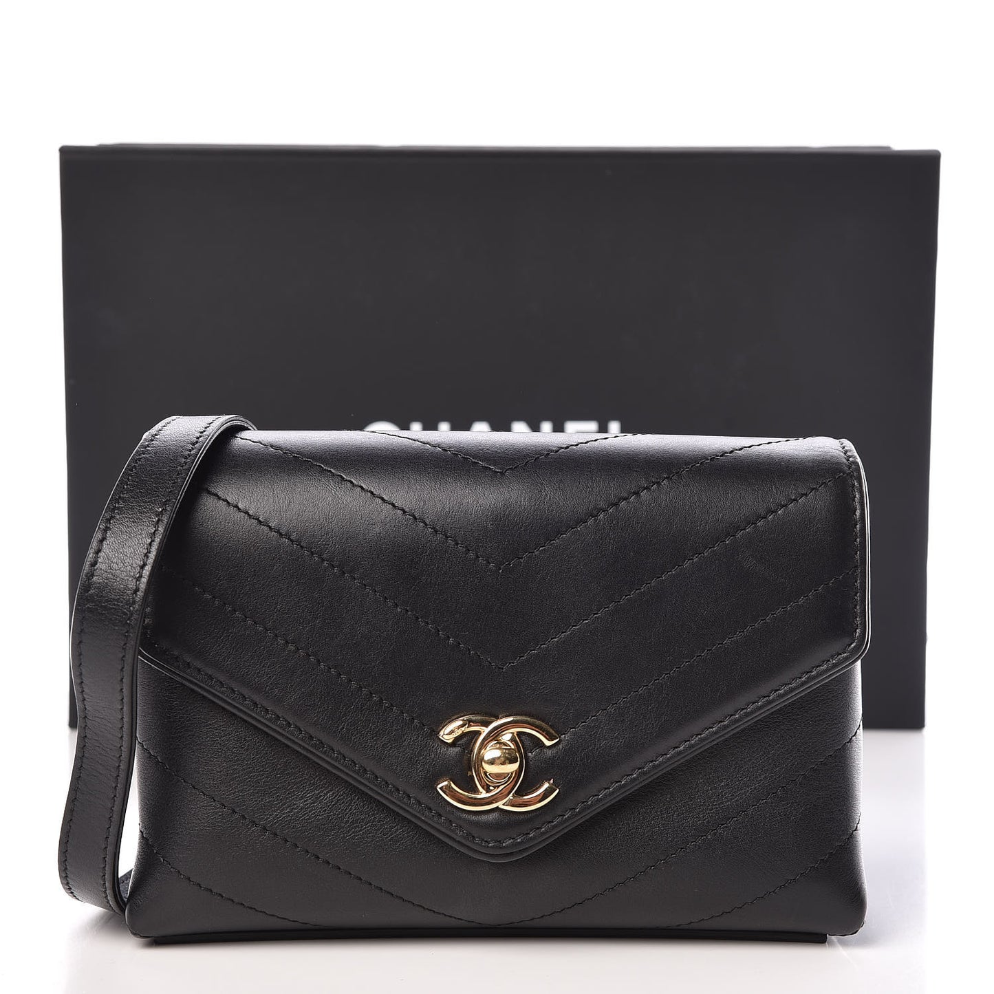 Calfskin Chevron Stitched Coco Waist Bag Black